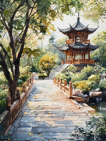 苏州古典园林水彩画