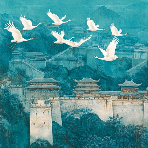 白鹤飞越古城墙