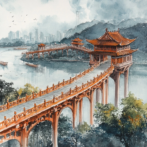 武汉长江大桥与黄鹤楼