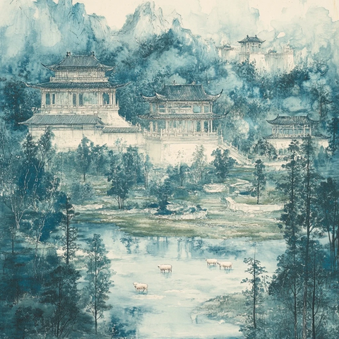 蓝白碧玉墙古建筑