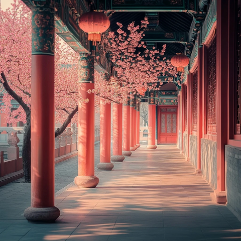 唐代建筑桃花盛开