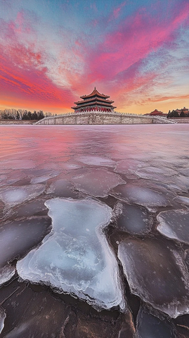 故宫城墙塔影冰湖