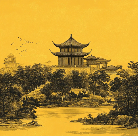 金色边框中国山水画