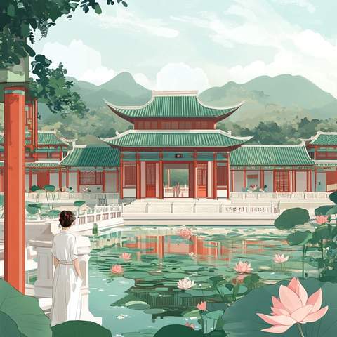 红墙绿瓦水边桥