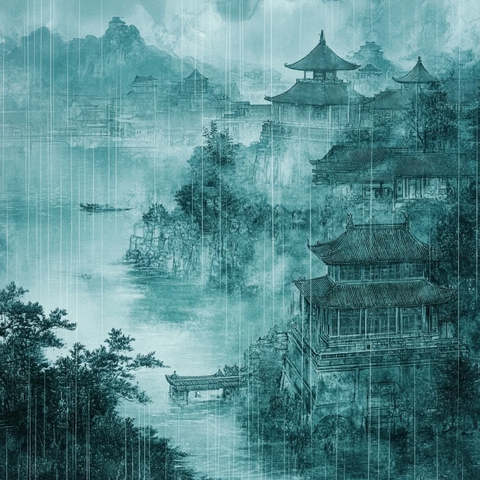 蓝白玉壁古建筑雨景