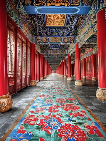 故宫红柱蓝顶金纹彩砖