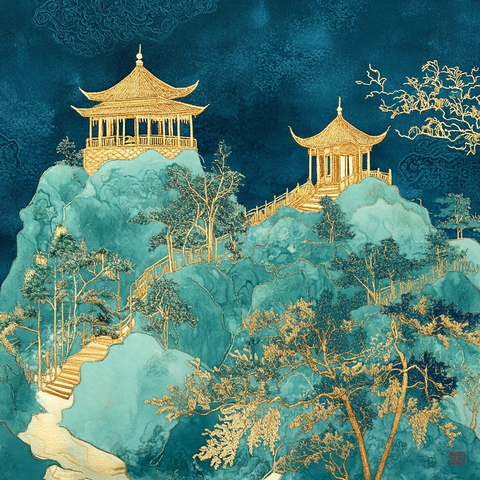 金蓝绿山水刺绣