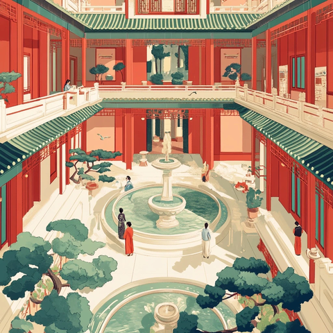 红绿古典喷泉人物