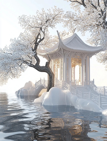 金秋古建冰树水波