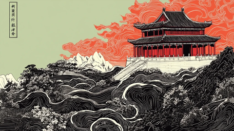 黑白线条山水画