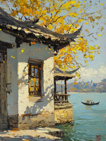 白墙黑瓦枫叶水