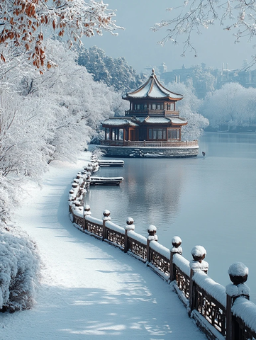 西湖雪景古亭木船