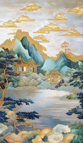 金蓝绿山亭树绣