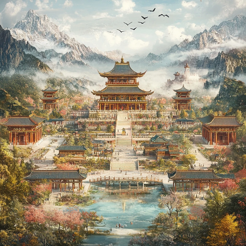 古建筑群与湖景