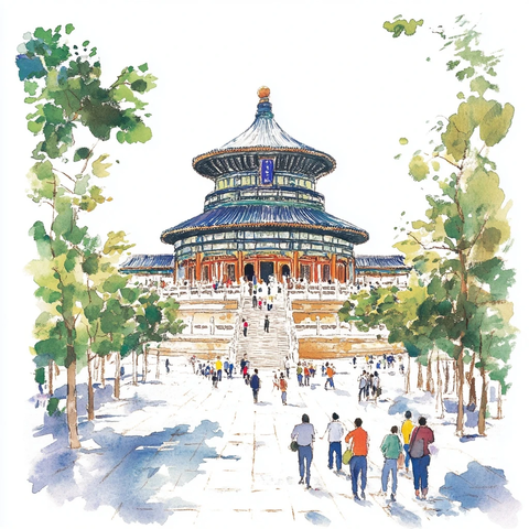 天坛手绘水彩插画