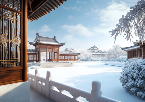 中式建筑雪景