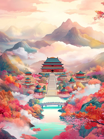 古代宫殿与河流日落