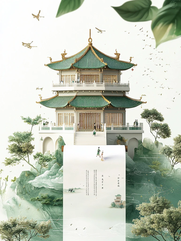 巨型宣纸卷轴上的中式建筑