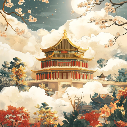 传统中式建筑与云彩环绕