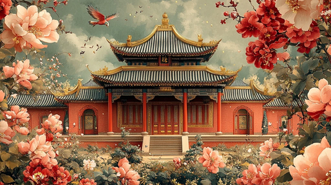 传统建筑与花卉图案