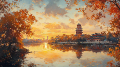 北大校园秋景油画