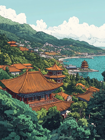 青岛寺庙与海景