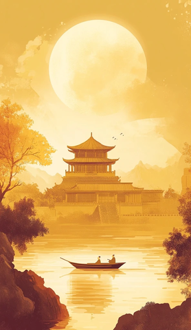 金色月亮与古代建筑