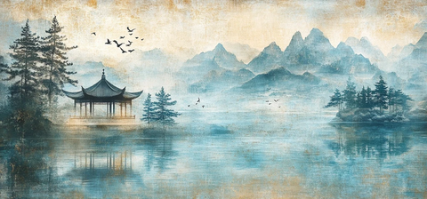 湖畔亭台松鸟图