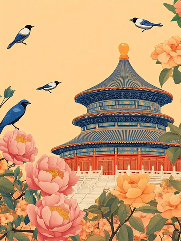 天坛花鸟复古插画