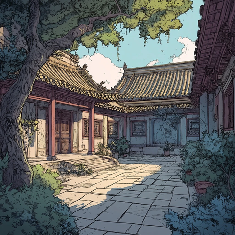 古代中国庭院漫画