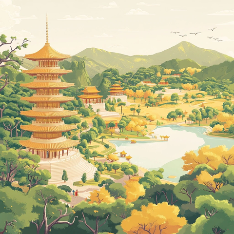 金色宝塔与湖泊