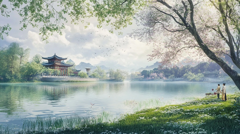 湖水平堤云影共