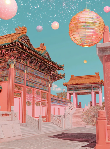 古代建筑与星球拼贴艺术