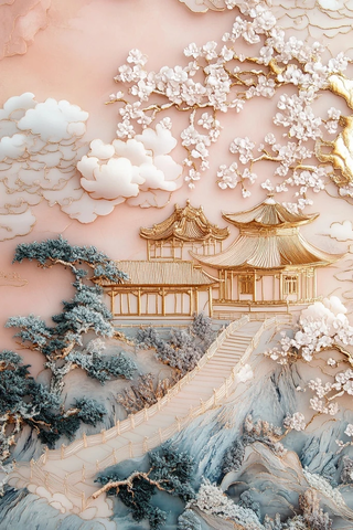 粉色金亭云树刺绣