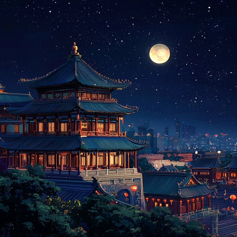 中秋夜月与古建筑