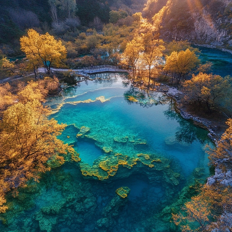 阳光下的多彩池水