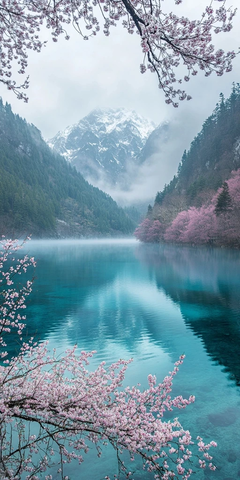 迷雾中的湖泊与樱花