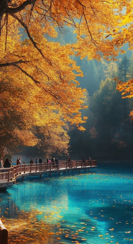 秋日湖光与木桥