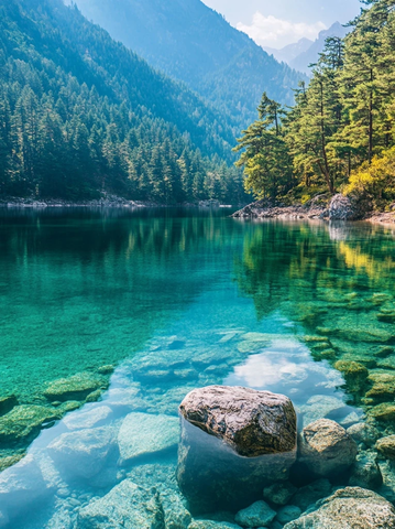 清澈湖水与绿树环绕