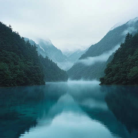 雾中湖泊与森林