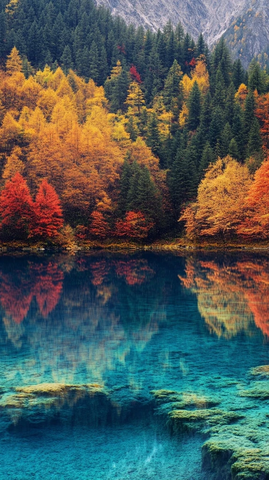 秋日湖光映彩叶