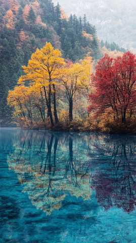 秋分湖畔彩林倒影