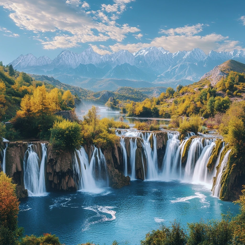 瀑布流入圆形湖泊