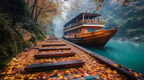 木梯通向彩色船