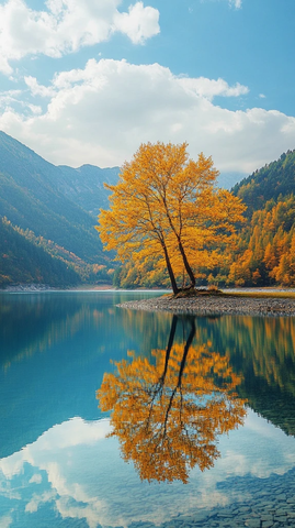 秋黄树映湖光山色