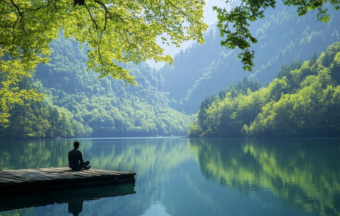 男子坐木码头看湖