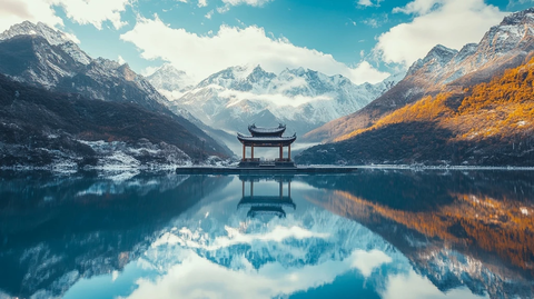 雪山环绕的蓝湖与木寺