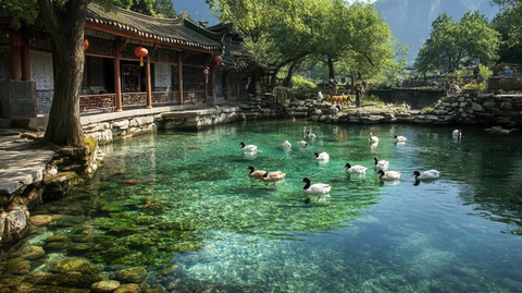 清泉边牛羊饮水