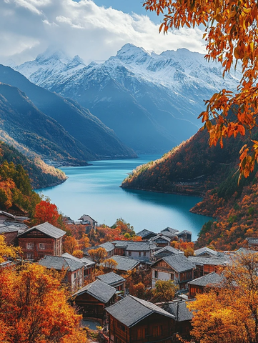 湖泊与秋叶环绕的村庄