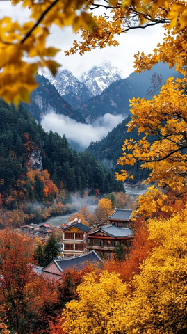 雪山红叶黄叶乡村